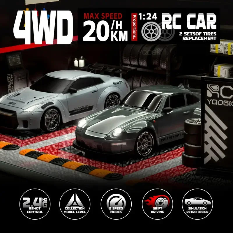 4WD 1/24 RC Drift Car 2.4G 20KM/H High Speed Drift Remote Control Cars Vehicle LED Lights Roadblock Drifting Tires Kid Gift Toys