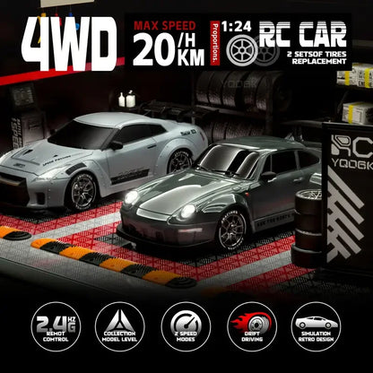 4WD 1/24 RC Drift Car 2.4G 20KM/H High Speed Drift Remote Control Cars Vehicle LED Lights Roadblock Drifting Tires Kid Gift Toys