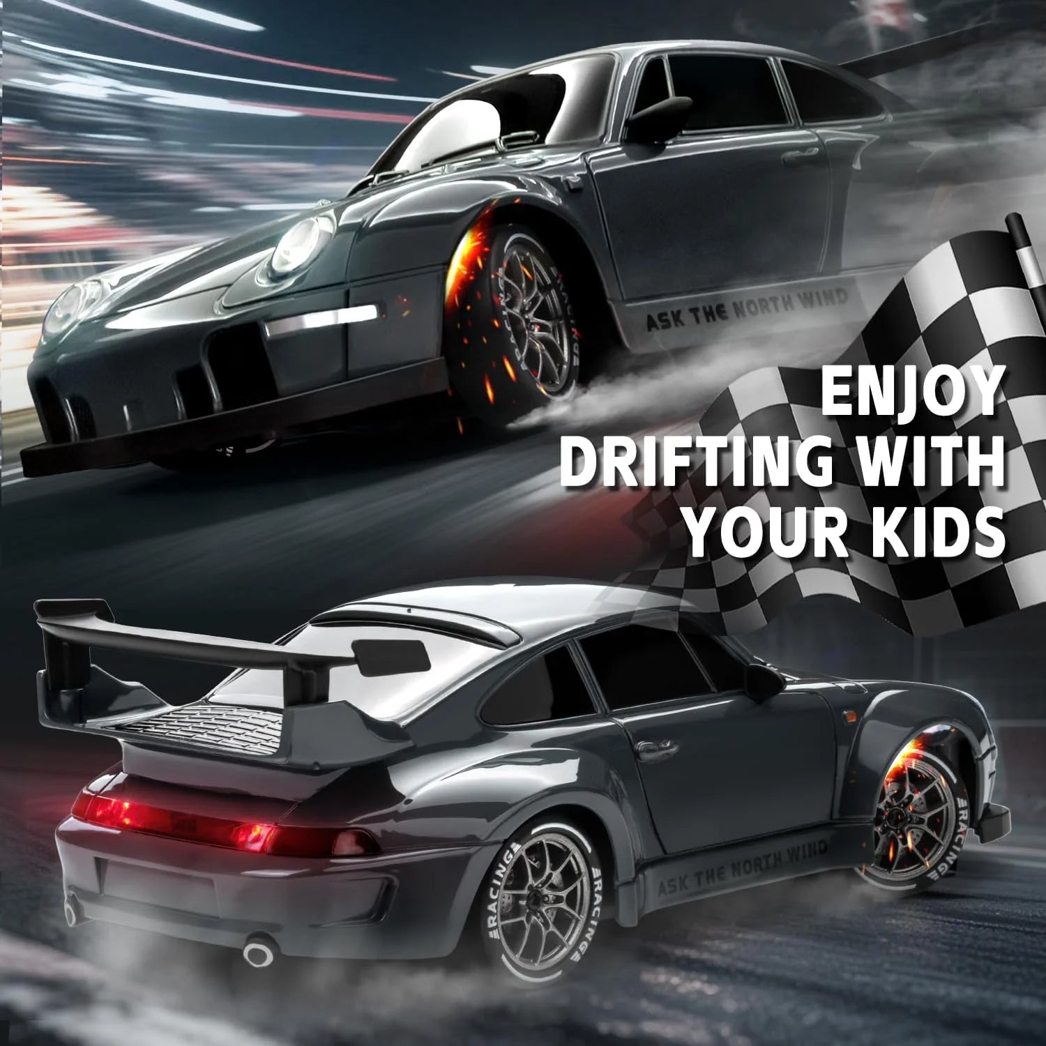 4WD 1/24 RC Drift Car 2.4G 20KM/H High Speed Drift Remote Control Cars Vehicle LED Lights Roadblock Drifting Tires Kid Gift Toys