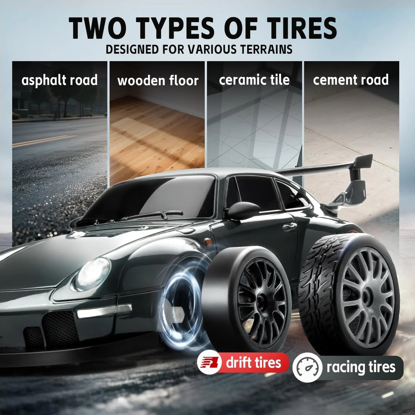 4WD 1/24 RC Drift Car 2.4G 20KM/H High Speed Drift Remote Control Cars Vehicle LED Lights Roadblock Drifting Tires Kid Gift Toys