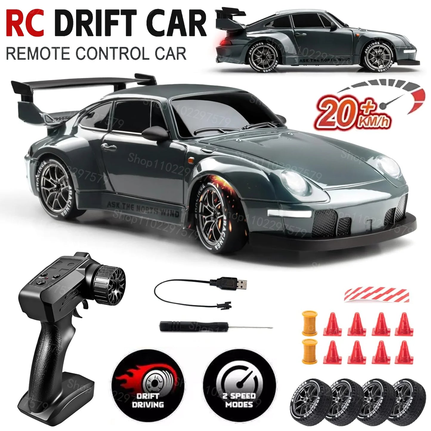 4WD 1/24 RC Drift Car 2.4G 20KM/H High Speed Drift Remote Control Cars Vehicle LED Lights Roadblock Drifting Tires Kid Gift Toys