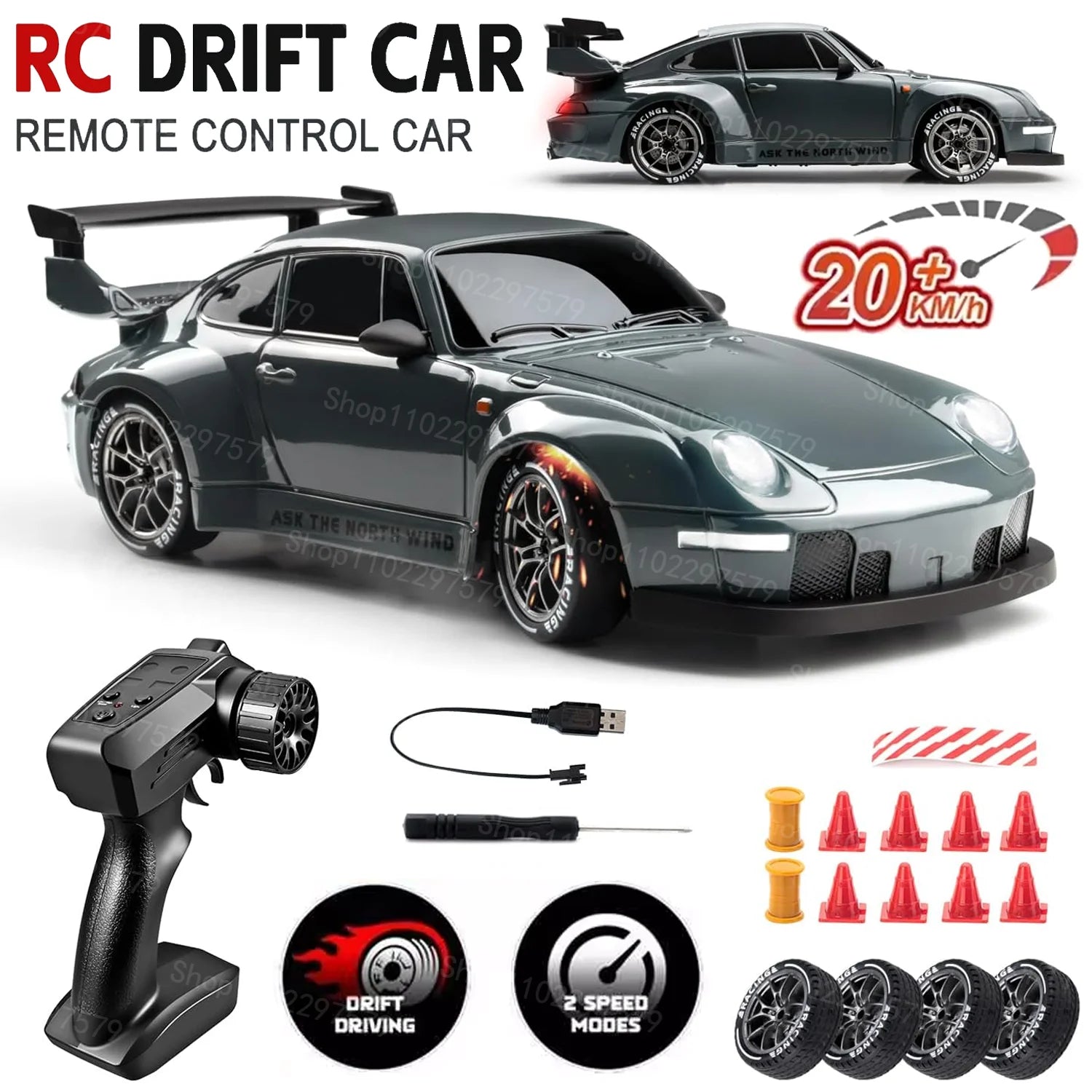 4WD 1/24 RC Drift Car 2.4G 20KM/H High Speed Drift Remote Control Cars Vehicle LED Lights Roadblock Drifting Tires Kid Gift Toys